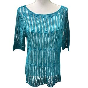Sundance Linen Open Stitch Crochet Teal Green Short Sleeve Summer Sweater Size M